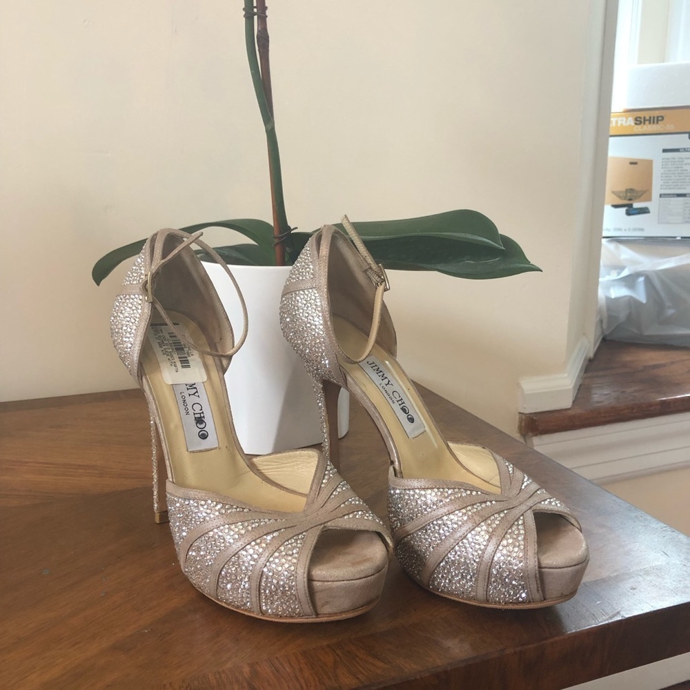 New Crystal-embedded Jimmy Choo Open-Toe Kafta Platform Sandals Sand Size 37 EU